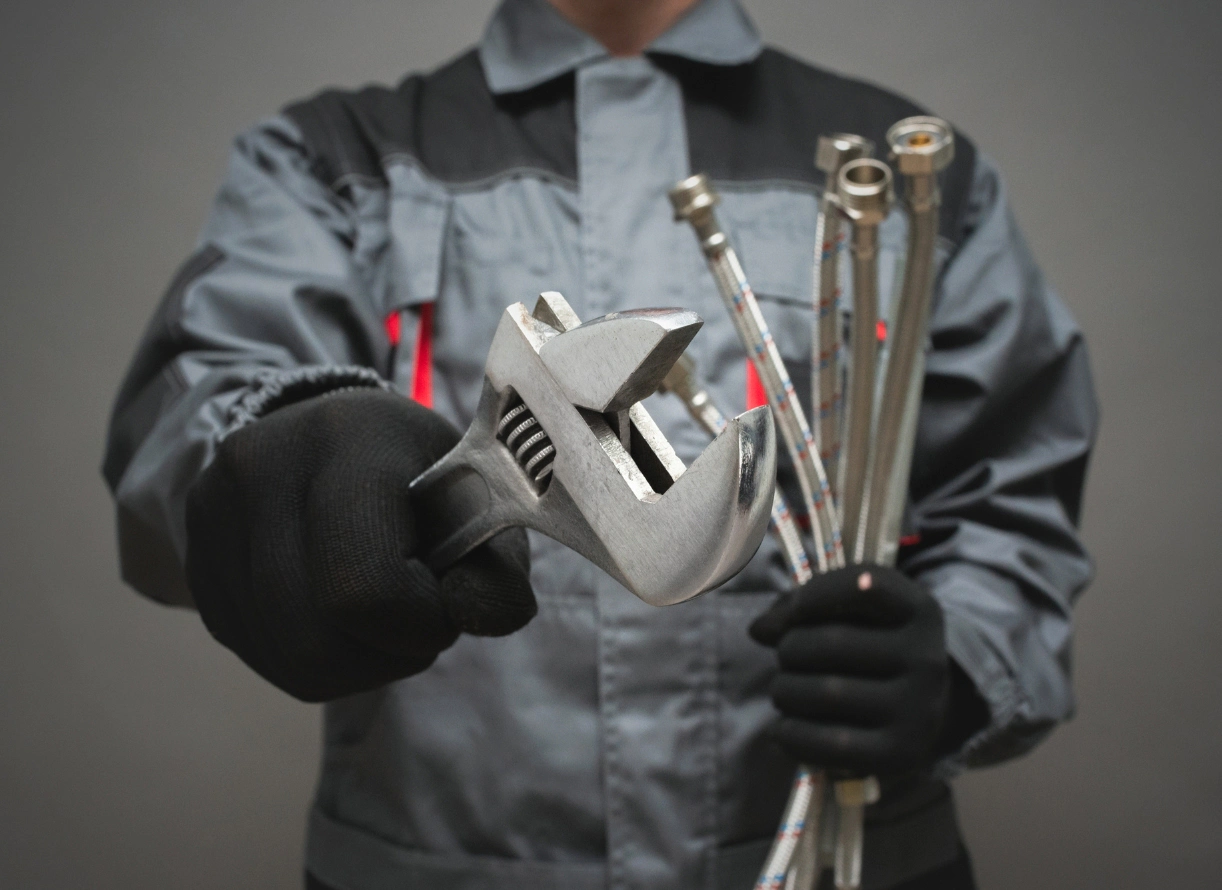 plumber holding out a wrench in front while holding pipes Middleburg fl